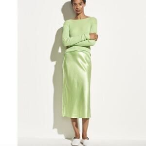 Vince Womens Skirt Slip High Rise Satin Flared Mini Pull on Guava Green M NWT